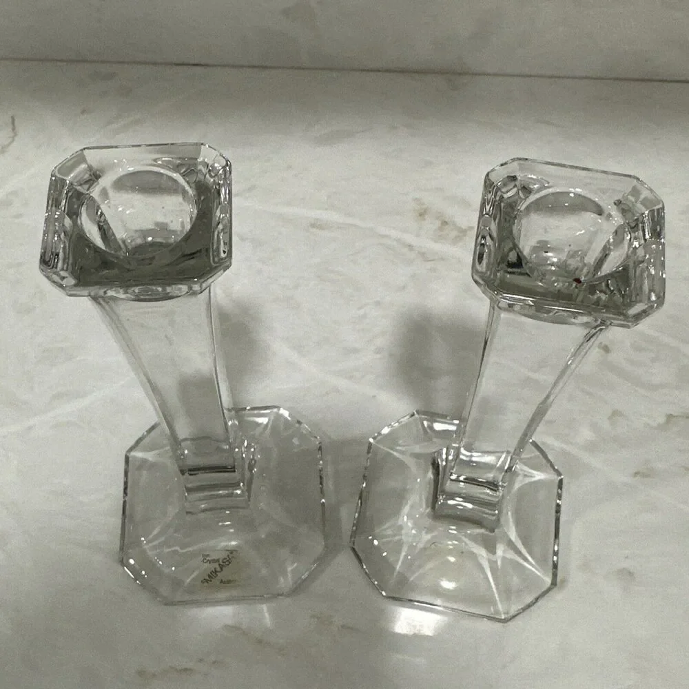 Vintage MCM Mikasa Hyde Park Clear Crystal Art Deco Taper Candle Holders Set 2